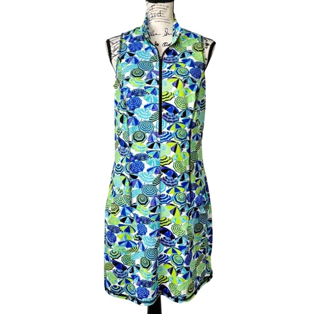 Kevan Hall Sport Sleeveless 1/2 Zip Golf Dress Blue Green Floral  Womens Size L